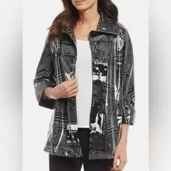 NWT IC by Connie K Newspaper Waterproof Shiny Rain Jacket Medium - Picture 1 of 12